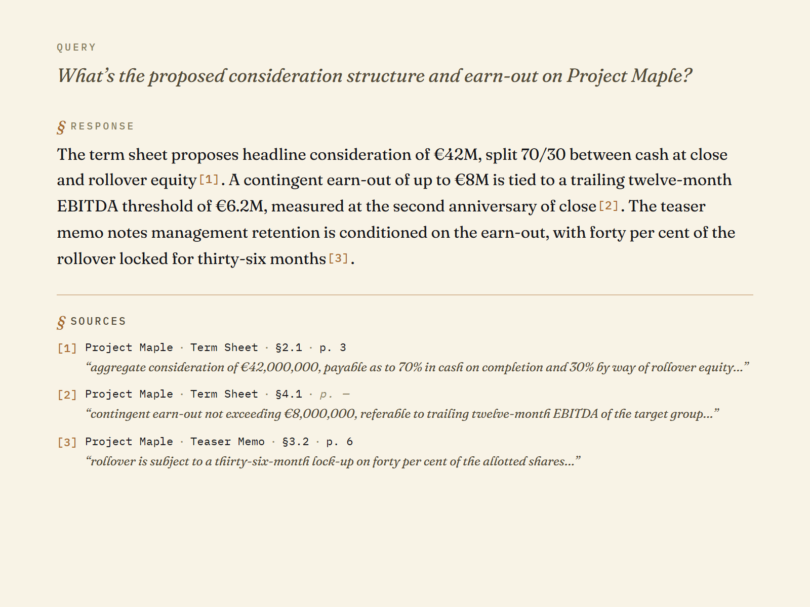 A partner asks about consideration structure and earn-out on Project Maple; the answer cites each claim back to the clause that establishes it.